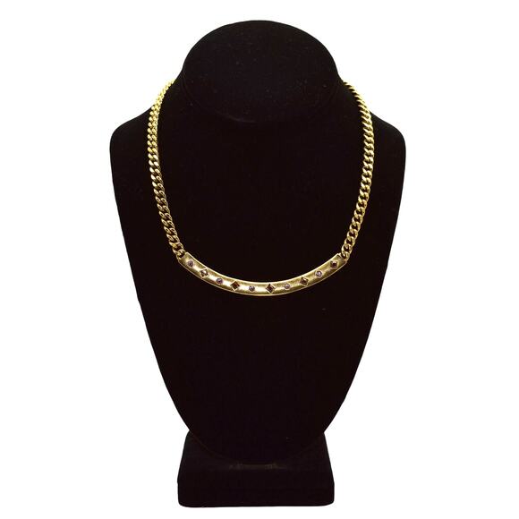 B5 GIVENCHY VTG Gold Tone With Purple & Brown Crystals Signed Choker Necklace - Picture 1 of 4